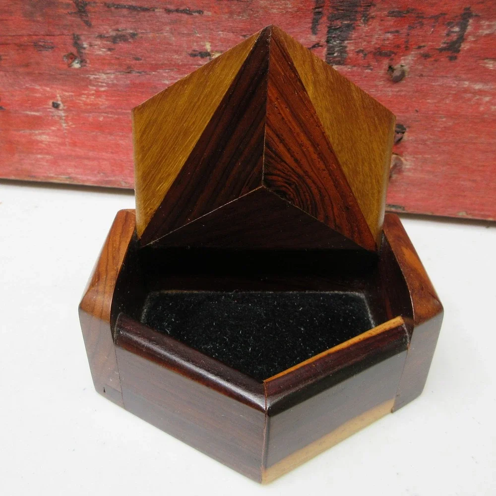 Vintage Geometric Wood Trinket Box Dark Light Brown Octagon Shape Felt Lined